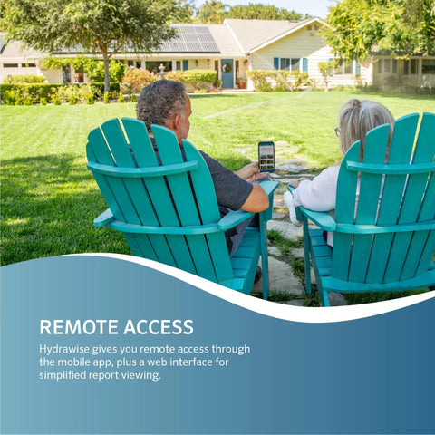 Two people using Wand Smart WiFi Module for X2 Sprinkler Controller with Hydrawise app in a garden setting