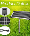 Mounted Solar Panel Kit for Automatic Gate Openers with 10 Watt Output, tubular steel pipe, wiring, and plug-in components visible.