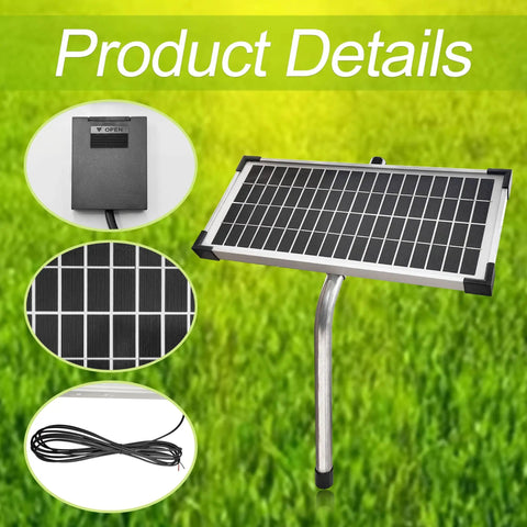 Mounted Solar Panel Kit for Automatic Gate Openers with 10 Watt Output, tubular steel pipe, wiring, and plug-in components visible.