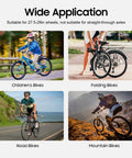 Four bike types shown - children's, folding, road, mountain; compatible with Heavy Duty Wheel Truing Stand for Bicycle and Motorcycle.