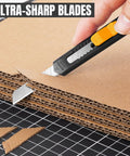 4 Pack Retractable Utility Knife with 9mm Snap Off Blades cutting cardboard, heavy duty workhorse box cutter for office tasks.