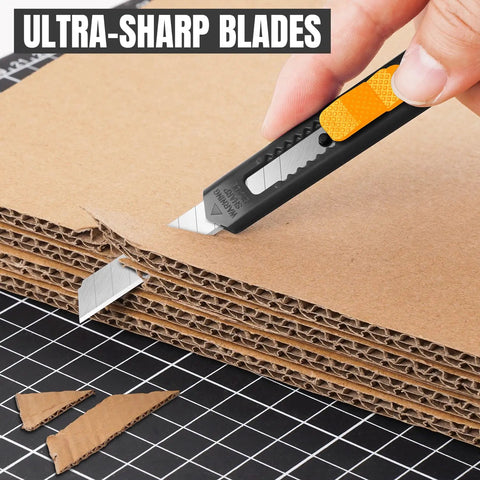 4 Pack Retractable Utility Knife with 9mm Snap Off Blades cutting cardboard, heavy duty workhorse box cutter for office tasks.