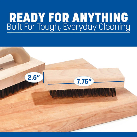 Heavy Duty Butcher Block Cleaning Brush For Cutting Boards In Commercial Kitchens With Steel Wire Bristles And A Tough As Nails Solid Block Handle Tan Finish 7.75 X 2.63 Inches Pack Of 12 shown on wood surface