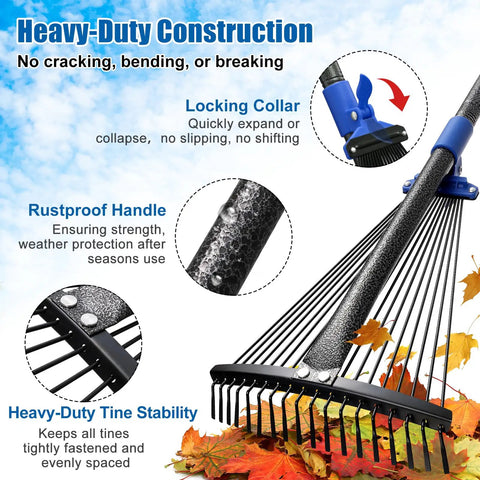 Adjustable Metal Leaf Rake With Expandable 8 To 17 Inch Head And 45 Inch Collapsible Heavy Duty Handle For Easy Yard Cleanup Leaves