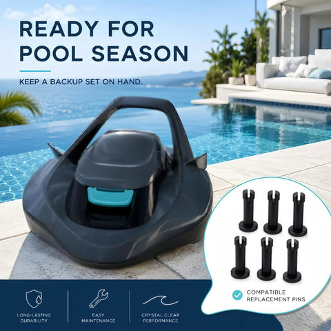 Top Notch Replacement Axle Pins And Wheel Retainers For Aiper Seagull SE Robotic Pool Cleaner No Fuss Drive Wheel Fastener Kit eight piece set with pins beside cleaner.