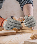 Person woodworking while wearing 12 Pairs ANSI A5 Cut Resistant Work Gloves With PU Coating For Metal Fabrication, Woodworking, And Construction Non Slip Heavy Duty Durable Large Size Ideal Gift For Men