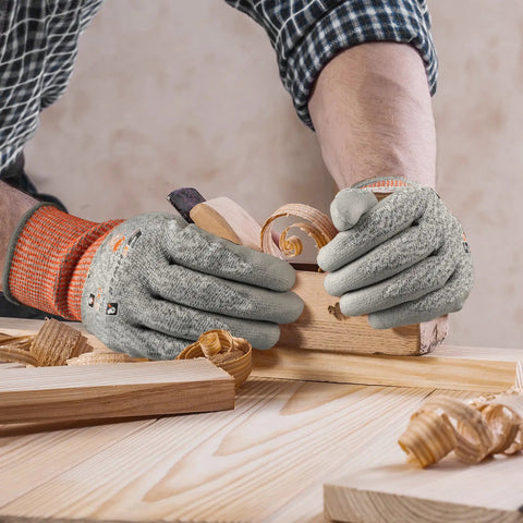 Person woodworking while wearing 12 Pairs ANSI A5 Cut Resistant Work Gloves With PU Coating For Metal Fabrication, Woodworking, And Construction Non Slip Heavy Duty Durable Large Size Ideal Gift For Men
