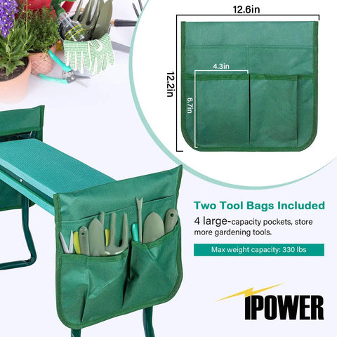 Garden Kneeler And Seat With Soft EVA Foam Pad, Foldable Kneeling Bench, 2 Tool Pouches Included, Heavy Duty Steel Frame, Green
