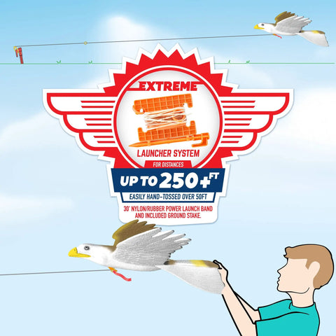 Soaring Hawk Glider Kit With 33 Inch Wingspan For Realistic Bird Flight shown with launcher system reaching 250 feet distance
