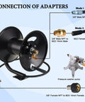 Connection of adapters for Heavy Duty Steel Pressure Washer Hose Reel With Manual Crank Built To Last Holds Up To 150 Feet Of Three Eighths Inch Whip Hose Swivel Arm And Mounting Bracket For 4000 PSI Systems