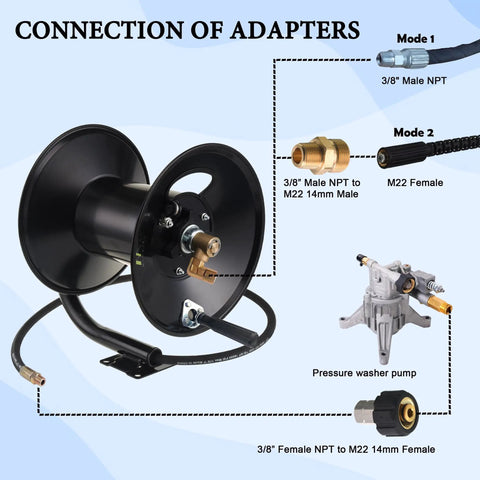 Connection of adapters for Heavy Duty Steel Pressure Washer Hose Reel With Manual Crank Built To Last Holds Up To 150 Feet Of Three Eighths Inch Whip Hose Swivel Arm And Mounting Bracket For 4000 PSI Systems