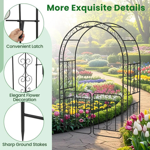 Garden Arbor With Gate Metal Arch Trellis For Climbing Plants And Vines 84 Inch High 54 Inch Wide Heavy Duty Wedding Archway