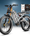 Rip Long Commutes Or Mud Trails On This Beastly Dual Motor Electric Bike For Adults Delivering 5600W Punch And A Ridiculously Long 60V Battery Pack Featuring 26 Inch Fat Tires, showing front view, smart display, and reinforced steel frame.