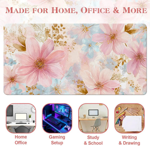 Pastel Pink Blue Floral Watercolor Desk Pad For Keyboard And Mouse Extended 31.5 Inch Wide Desk Mat With Non Slip Base Waterproof PU Leather Easy To Clean Surface Ideal For Home Office Gaming Setup And Study.