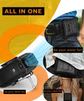 All In One Portable Fan With Five Speed Settings And 8000mAh Battery, shown as waist, neck, and desk fan with clip feature