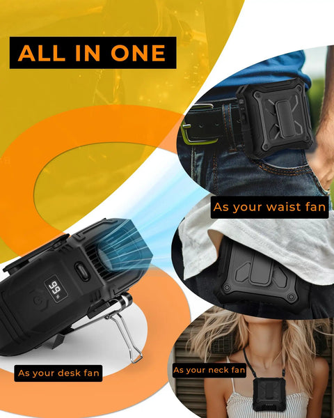 All In One Portable Fan With Five Speed Settings And 8000mAh Battery, shown as waist, neck, and desk fan with clip feature