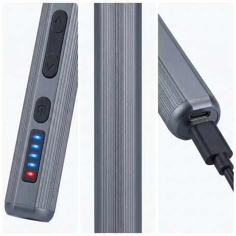 Compact Pen Shaped Cordless Electric Screwdriver Kit Packing 52 Magnetic Bits And Bright Led Lamp for charging with USB-C port.