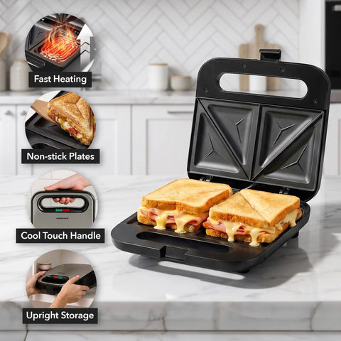 Ovente Electric Sandwich Maker With Quick Heating Non Stick Plates For Toasting Paninis And Omelets Perfect Hot Pressed Breakfast Grill Machine In Sleek Black Finish, showcasing sandwiches on non-stick plates.