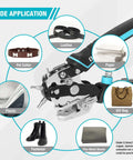 Beefy Heavy Duty Leather Hole Punch Set With Six Hole Sizes 2mm 2.5mm 3mm 3.5mm 4mm 4.5mm shown with applications for leather, collars, and more