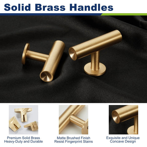 6-Pack Solid Brass Cabinet Pulls In Brushed Gold Finish, Single Hole Centers, Heavy Duty Dresser Drawer Knobs