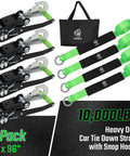 Beefy Four Pack Car Tie Down Straps For Trailers With O Rings And Ratchets 2 Inch By 8 Foot Wheel Straps 10000 Lb Break Strength 3333 Lb Working Load Adjustable Lasso Style Haul Cars Trucks UTVs Green showing green wheel straps, ratchets, and storage bag