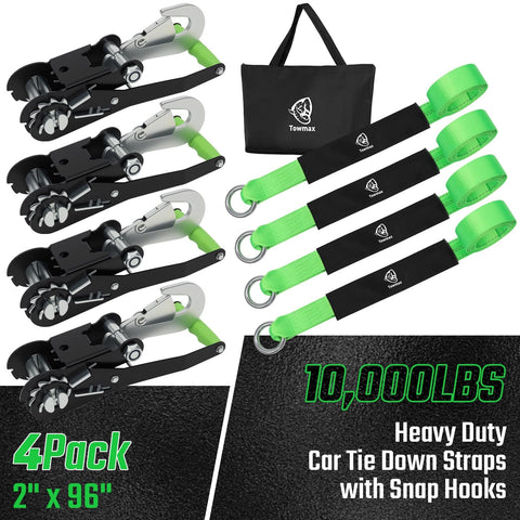 Beefy Four Pack Car Tie Down Straps For Trailers With O Rings And Ratchets 2 Inch By 8 Foot Wheel Straps 10000 Lb Break Strength 3333 Lb Working Load Adjustable Lasso Style Haul Cars Trucks UTVs Green showing green wheel straps, ratchets, and storage bag
