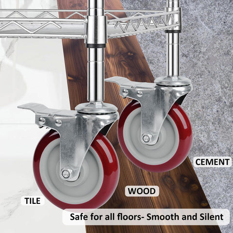5-inch swivel caster wheels with threaded stems, red polyurethane wheels, set of 4 for carts or furniture