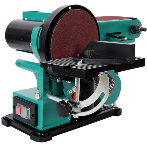 Heavy Duty 4X36 Belt Sander Paired With 6 Inch Disc Sander Built Tough High Torque Motor Smooth Operator For Woodworking And Metal Polishing Your Garage Shop Badass Upgrade Tool close-up showing sanding disc and adjustment features.