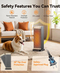 Cozy Up Portable Indoor Space Heater With 1500W PTC Ceramic Fast Heat in a living room, safety features highlighted, dog nearby