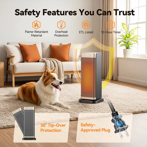 Cozy Up Portable Indoor Space Heater With 1500W PTC Ceramic Fast Heat in a living room, safety features highlighted, dog nearby