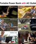 Portable Power Bank With AC Outlet 65W External Battery For Laptop Charging And Outdoor Use On The Go 24000mAh Backup Power Supply For RV Camping Home Emergency Grey Red shown in six usage scenarios including power outage and outdoor work.