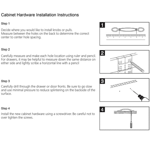 Instructional diagram showing steps for installing cabinet hardware, including measuring, marking, drilling, and assembling.