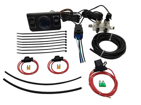 Dual Air Gauge Control Kit With Digital Paddle Switch For Air Suspension And Independent Air Pressure Sensor Control Dash Mount Blue Built For Tough Truck Use Easy Install And Reliable Performance, including wires, sensors, and dash components on white background.