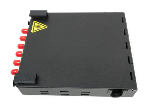Wall Mount Fiber Enclosure With Spool, Loaded Six Port ST UPC OM1 OM2 Multimode LGX Panel, space saving cabinet shown