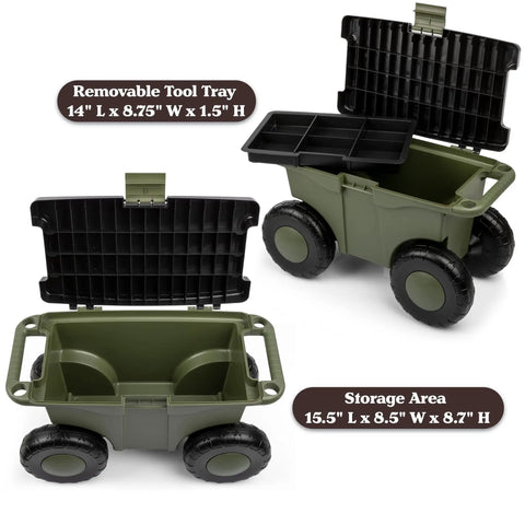 Rolling Garden Cart With Seat For Planting And Weeding Plastic Storage Bench And Interior Tool Tray Easy Roll Mobility Durable Gardening Stool For Home Gardens Green with open lid and tool tray