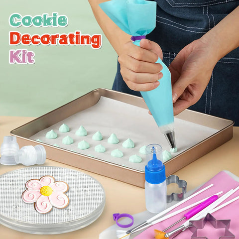 Badass 112 Piece Baking Decorating Kit With Sturdy Acrylic Turntable, Flexible Silicone Piping Bags in use with frosting on tray.