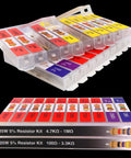 Carbon Resistor Assortment Kit 1/4W 5 Percent Tolerance 100 Ohm To 1 Megaohm, 1000 Pieces in plastic case, view of compartments.