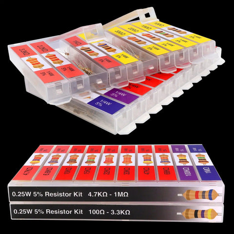Carbon Resistor Assortment Kit 1/4W 5 Percent Tolerance 100 Ohm To 1 Megaohm, 1000 Pieces in plastic case, view of compartments.