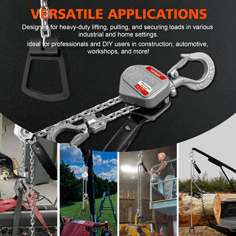 Half Ton Chain Hoist Come Along with 1100 Lbs Capacity 10 Ft Lift, shown in various heavy-duty industrial use cases.