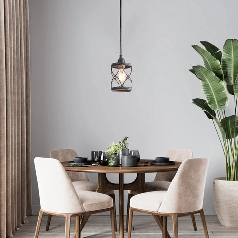 Geometric Silver Brushed Mini Pendant Light for Kitchen Island and Hallway above round dining table in modern room scene