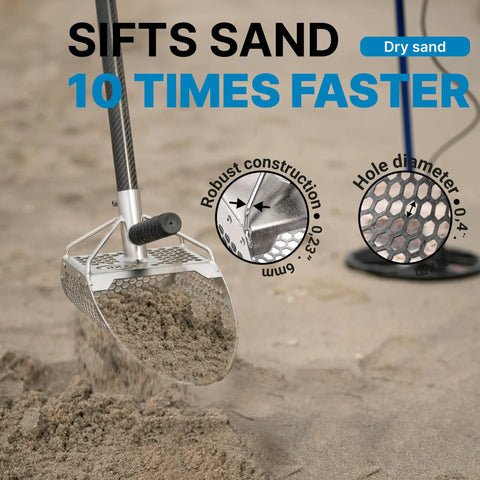 Beach Metal Detecting Sand Scoop In Stainless Steel With Carbon Fiber Handle for sifting sand faster on the beach