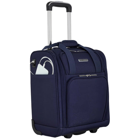 Underseat Carry On Luggage With USB And USB C Ports, 16 Inch Compact Travel Case In Blue Depths, front view with USB access