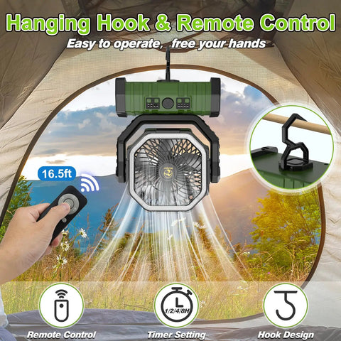 Go To 20000mAh Camping Fan With Remote And Led Lantern Auto Oscillating Portable Breeze for Tent RV And Outdoors with hook