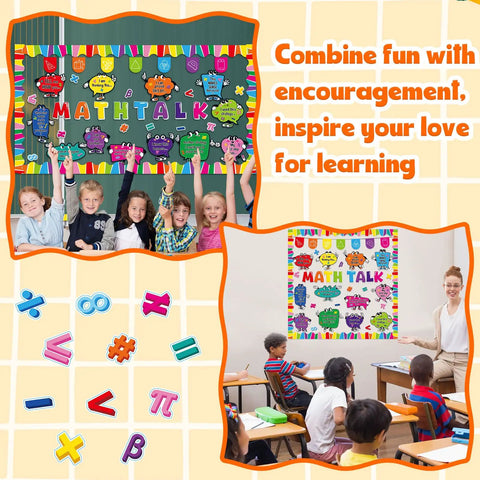 Math Talk Bulletin Board Decor Set for Teachers and Classrooms, 54 Piece Classroom Kit displayed in a vibrant classroom setting.