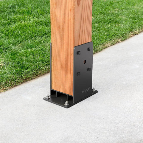 6x6 Post Base Built Tough Stainless Steel Powder Coated Post Anchor With Air Flow Channel For Deck Railing Pergolas Fence Pillar 4 Pack Internal Size 5.6 by 5.6 Inches For Extra Stability securing wood post on concrete