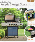 Blue 4 Burner Gas Grill With Side Burner And Porcelain Enameled Cast Iron Grates in garden, cabinet style with open storage