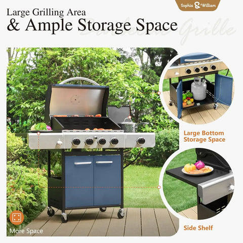 Blue 4 Burner Gas Grill With Side Burner And Porcelain Enameled Cast Iron Grates in garden, cabinet style with open storage