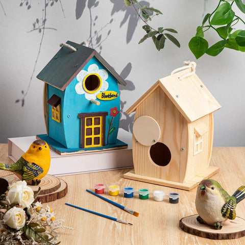 2 Pack Rustic Wood Bird House Kit With Paints And Brushes For Grownups And Kids Build It Yourself Pine Weatherproof Outdoor Craft Rural Style Pre Drilled
