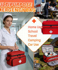 Nurse holding Red First Aid Bag Kit 12 By 9 By 7 Inches Grab And Go Portable Medical Emergency Organizer Rugged Nylon Storage Case