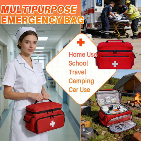 Nurse holding Red First Aid Bag Kit 12 By 9 By 7 Inches Grab And Go Portable Medical Emergency Organizer Rugged Nylon Storage Case